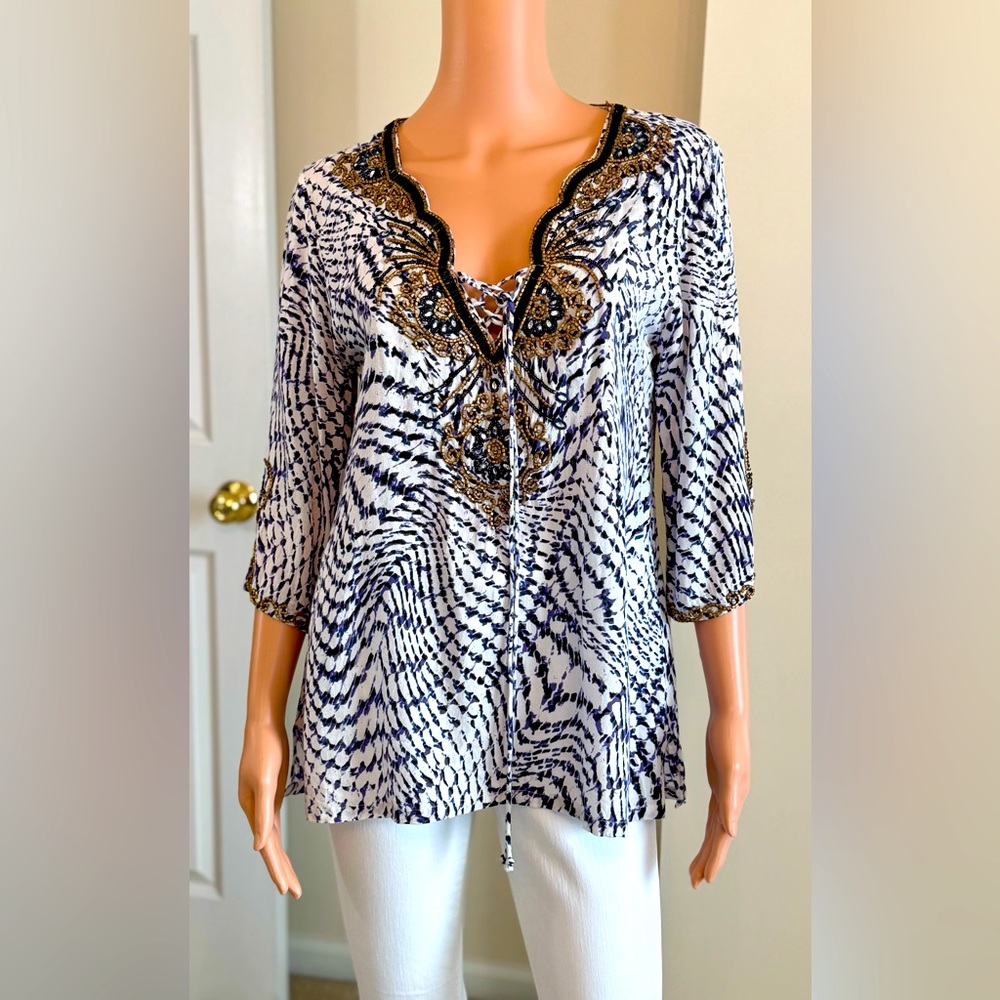 Tropical Beach Beaded Tunic | Soft Surroundings | Embellished Purple Gold Medium